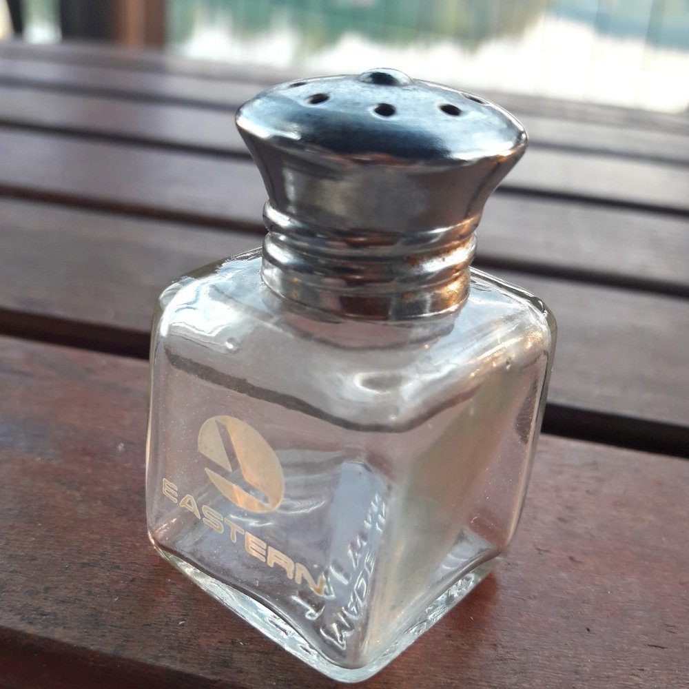 Vintage Glass Bottle w Lid Travel Salt Pepper Shaker Eastern Airline Collectible